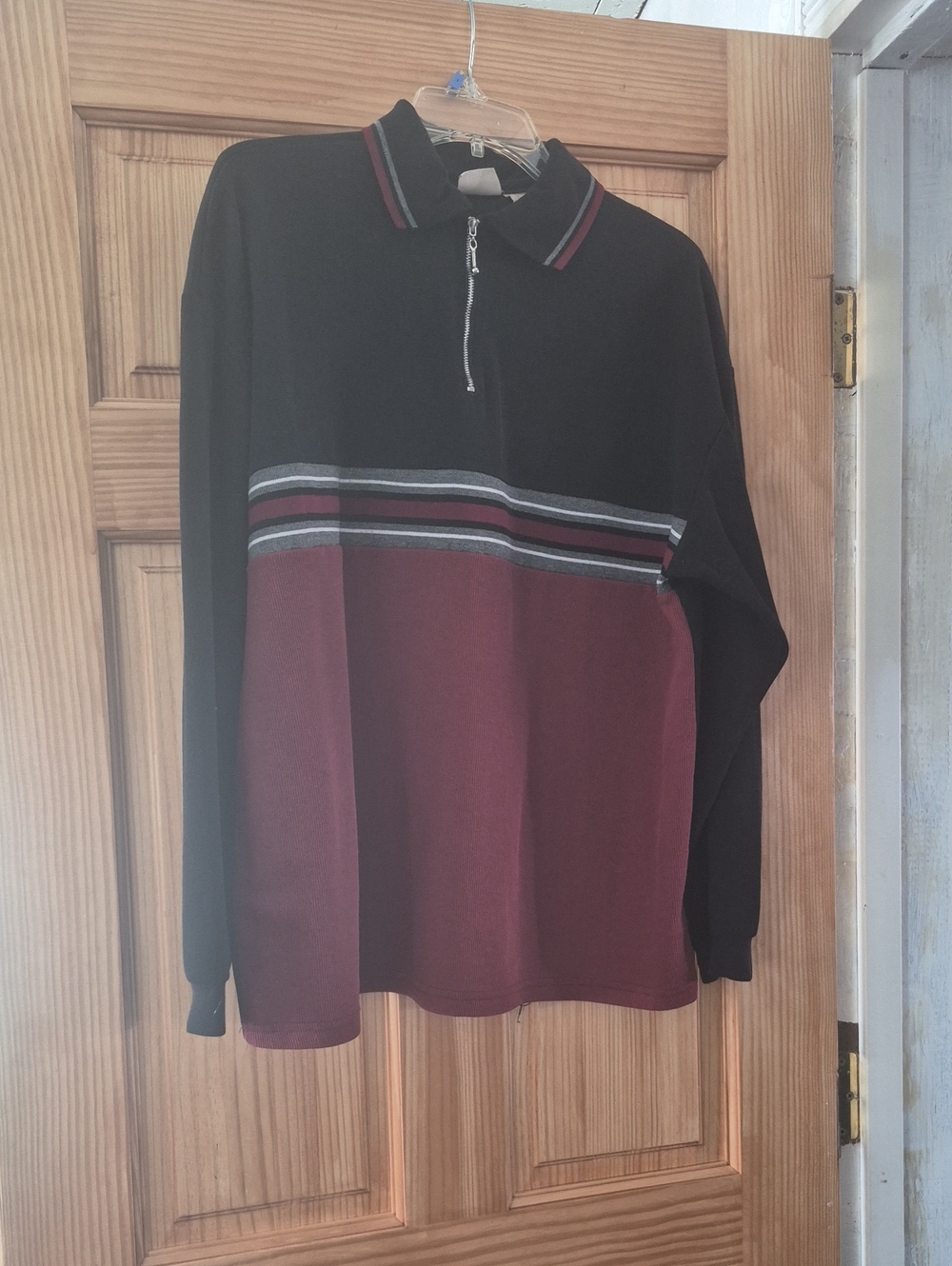 Men's Zip-Up Long Sleeve Sweater Polo - Black & Burgundy